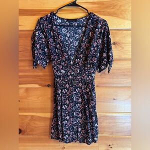 Sanctuary Black Midi Dress with Coral and Ivory Floral Print